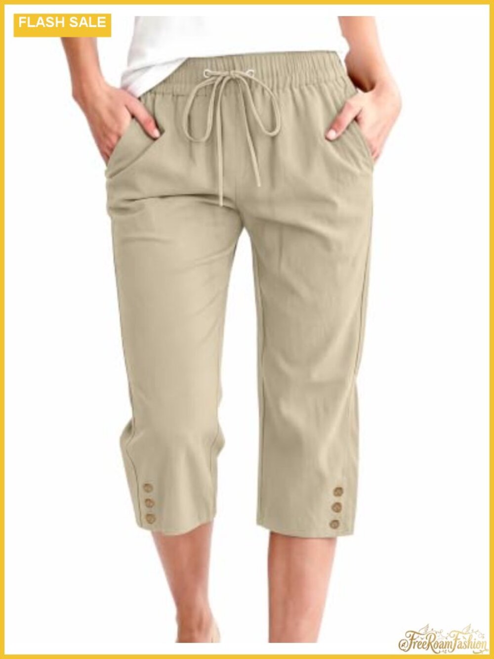 Women's Cotton Capri Pants High Waist Elastic Drawstring Wide Leg Crop Trousers